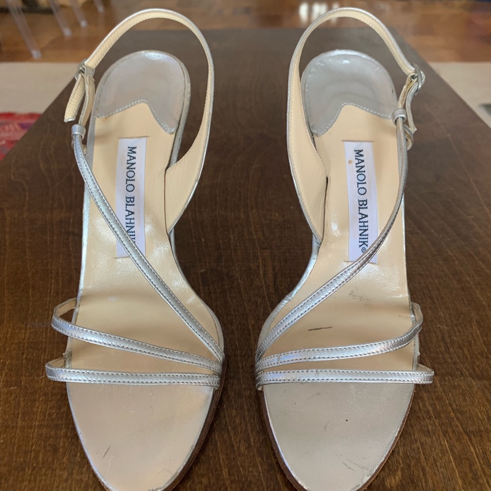 MUST GO Manolo Blahnik Silver Strappy Heels.